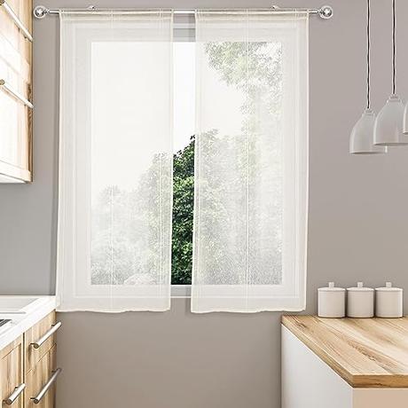 HOMEYA - Cortina cocina tranaparente 2 unidades - Visillo para cocina diseño de rayas 2 paneles para ventana - 60 x 90 Beige