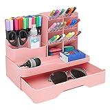 Escritorio para Lápices con Cajón 5 Piezas, Portalápices de Escritorio de Plástico Rosa, Multifuncional Lapiceros para Escritorio Niña para Oficina, Hogar, Escuela
