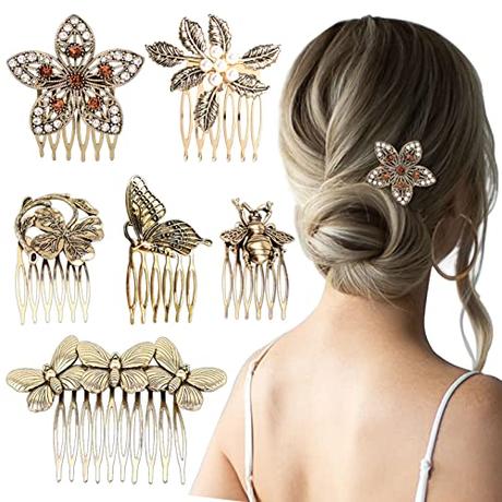 Paquete de 6 peines laterales de pelo vintage para mujer, decoración retro, perlas doradas, diamantes de imitación, pinzas de metal con agarre de dientes, accesorios de boda