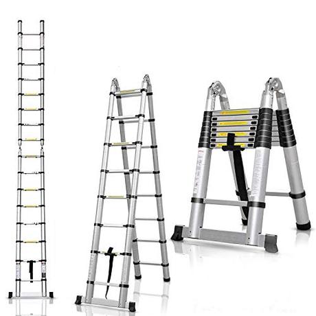 Escalera telescópica de Aluminio, 5 m, Escalera telescópica, 16 Pasos, Carga máxima: 150 kg