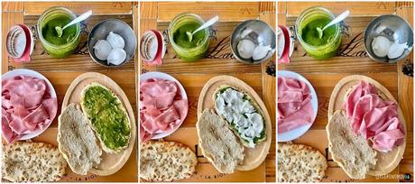 Focaccia de mortadella con burrata y pesto genovés