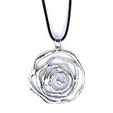 Colgante Mujer Grande Espiral Plata - Collar Mujer Flor con Cadena de Antelina Negra - Altura Ajustable - Ideal para Regalo - Flor Espiral Grande (Plateado)