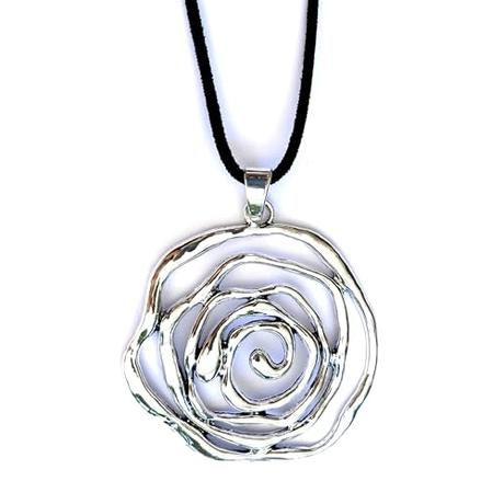 Colgante Mujer Grande Espiral Plata - Collar Mujer Flor con Cadena de Antelina Negra - Altura Ajustable - Ideal para Regalo - Flor Espiral Grande (Plateado)