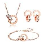 RPAEOY Conjuntos de Joyas para Mujer y Niñas Números Romanos Circón Acero Inoxidable Chapado en Oro 18K Plata Colgante Collar Pendientes Pulsera Fiesta Boda Nupcial Dama de Honor (Oro rosa)
