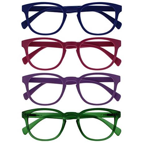 OPULIZE Pop Gafas de Lectura Pack de 4 Redondas Azul, Rosa Fucsia, Violeta y Verde Musgo Mate Satinado Bisagras con Muelle Resistentes a los Arañazos Hombre Mujer RRRR2-3456 +1.50