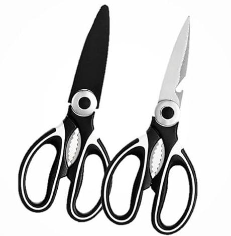 Betfran Tijeras de Cocina Pack 2u multifuncionales, profesional, multiusos acero inoxidable, resistentes, con protector. Tijeras con chuchilla para todo tipo de alimentos.