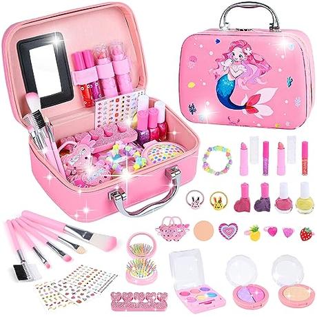 Kit de Maquillaje para Niñas, Set de Maquillaje Lavable, Conjunto de Maquillaje de Juego de Princesa con Bolsa de Cosméticos, Regalo Ideal de Cumpleaños y Navidad de para Niñas 3 4 5 6 7 8 9 y 10 Años