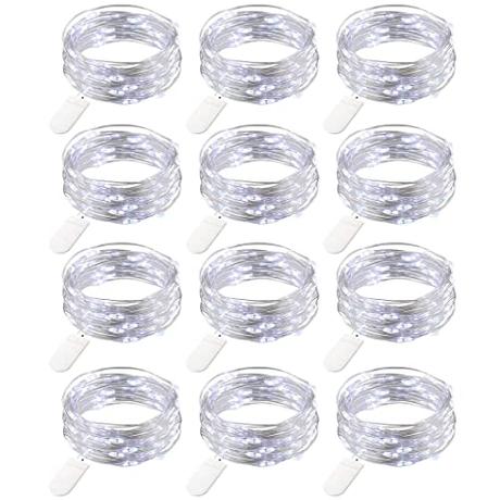 12 Piezas Cadena de Luces con Pilas, 20 LEDs Micro Alambre de Cobre Guirnaldas Luces, 2M Luces de Hadas para Navidad Fiesta Hogar Bodas Interiores Exteriores Fiestas DIY Decoración, Blanco Frío