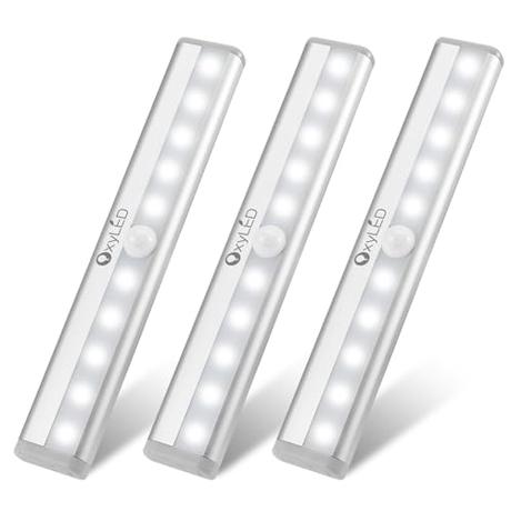 OxyLED Luz Armario, 3 Unidades 6000K Led Armario Pilas Sensor Luz del Armario con Tira Magnética Adhesiva Auto Encendido Apagado Luces Homelife Led para Escaleras Armario Pasillo Cocina Garaje