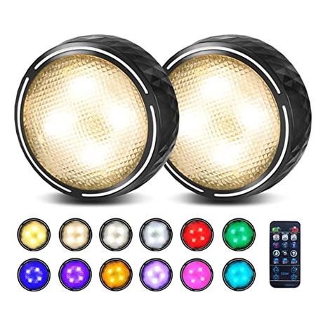 Onumii Luces LED Pilas Luz Armario con Adhesiva LED Cocina Bajo Mueble, Luces de Colores Regulables con Control Remoto para Estanterías, Alacenas, Vitrinas, 2 Pack - Negro