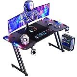 HLONONE 120 × 60cm LED Mesa Gaming, Escritorio Gaming de Fibra de Carbono Ergonómicas, Escritorio Gamer con Portavasos y Gancho para Auriculares, Negro