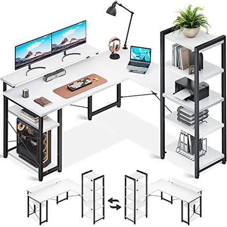 ODK Escritorio, Escritorio Esquinero Blanco con Estantería, Escritorio en Forma de L con Estantería a la Derecha o Izquierda, Mesa de Ordenador con Soporte de Monitor Largo, 140×137×139.5 cm