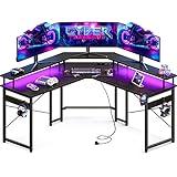 ODK Mesa de Gaming con LED, Escritorio de Gaming con 2 enchufes y 2 Puertos USB, Escritorio de computadora Negro con Amplia Superficie para el Monitor, Marco de Acero Resistente, 129x129 cm