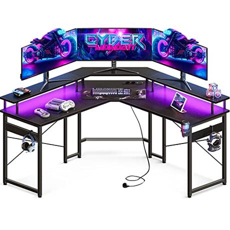 ODK Mesa de Gaming con LED, Escritorio de Gaming con 2 enchufes y 2 Puertos USB, Escritorio de computadora Negro con Amplia Superficie para el Monitor, Marco de Acero Resistente, 129x129 cm