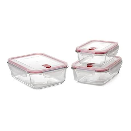 TATAY Cook&Eat Set de 3 Fiambreras de Alimentos , Vidrio, Herméticas, Tapa de Clip, Libres de BPA, Aptas para Microondas, Horno, Congelador y Lavavajillas, Color Rojo, Medidas: 23.5 x 18.5 x 14 cm