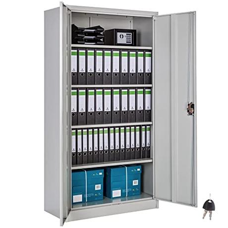 TecTake® Armario Archivador Oficina en Acero, Armario Exterior e Interior con Cerradura, Armario Multiusos con 2 Puertas, 4 Estantes Ajustables y 5 Alturas, Fácil Montaje, 180x90x40 cm - Gris