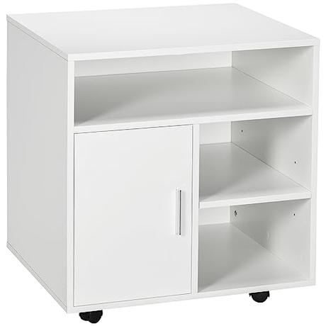 HOMCOM Mueble con Ruedas para Impresora Armario de Oficina Multifuncional con Estantes con Amplio Espacio de Almacenaje 60x50x65,5 cm Blanco