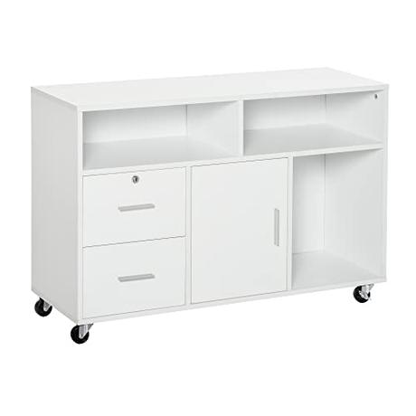 HOMCOM Mueble Auxiliar de Oficina Mueble Archivador con Ruedas Estantes y Cajones Armario Multiusos con Gran Almacenaje 100x35x65 cm Blanco