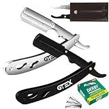 Navaja Afeitar de GTEX - Navaja de Afeitar Hombre Rectas (2 Pack) con 100 Derby Cuchillas de Afeitar Barbero y Funda de Cuero - Straight Edge Razor Barber