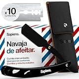 Sapiens Barbershop Navaja Afeitar - Cuchilla Afeitar Hombre para Barba con 10 Hojas de Afeitar Derby (20 Hojas Simples) y Funda Protectora - Navaja de Afeitar Barbero Clasica