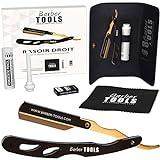 BARBER TOOLS - Navaja de afeitar tradicional, de barbero (hoja intercambiable, caja de 5 hojas dobles + barra de alumbre + paño de pulido + funda de almacenamiento), dorada