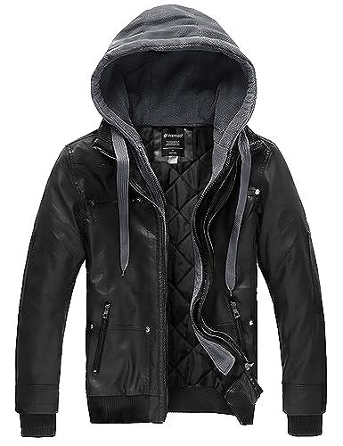 Wantdo Cazadora Cazadora Piel con Capucha Cazadora Verde Militar Chaquetas Cuero Negro(Gruesa) M