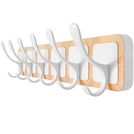 SKOLOO Perchero de pared de madera estilo Scandi, perchero con 6 ganchos para colgar abrigos, sombreros, ropa, bufandas, perchero de madera, natural y blanco