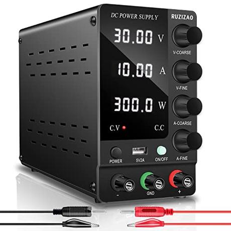 RUZIZAO Fuente de Alimentación CC 30V 10A Regulable Fuentes de Alimentación de Laboratorio Fuente de Alimentación de Banco Ajustable Pantalla LED de 4 Dígitos (R-SPS3010D)