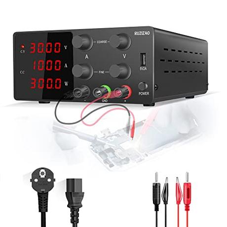 RUZIZAO Fuente de Alimentación Regulable 30V 10A DC Fuentes de Alimentación de Laboratorio Fuente de Alimentacion de Banco Ajustable Pantalla LED de 4 Dígitos (Negro 30V 10A)