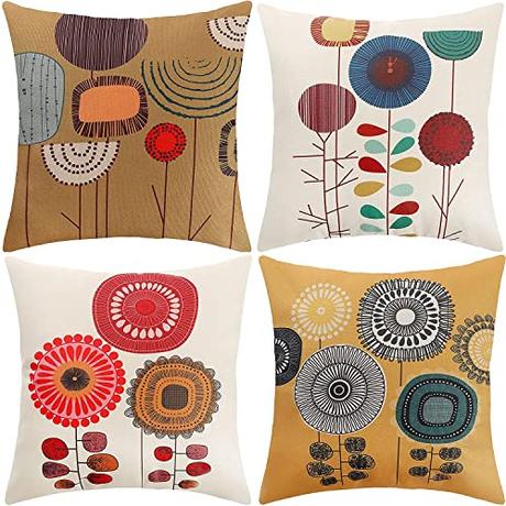 smallrun 4PCS Fundas de Cojín 45x45 cm Funda de Almohada Lino de Algodón Suave Fundas Cojines Decorativos para Sofa Funda de Almohada Cuadrado (45X45CM, Flor)