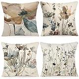 YCOLL Juego de 4 Fundas Cojines modernas 45x45 Cojín de Lino para Sofá con Pintura de Acuarela Floral - Ideal para Dormitorio y Exteriores - A090