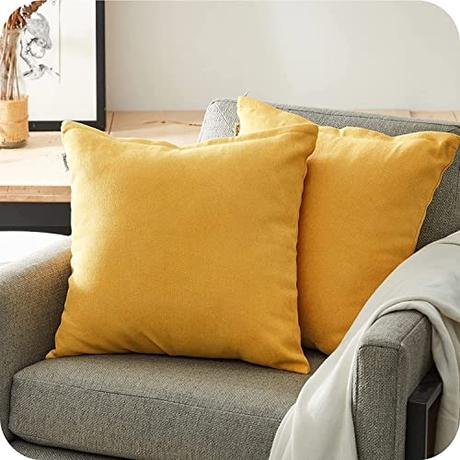 Topfinel Fundas Cojines Sofa Juego 2 Fundas 45x45 Cojines Hogar Algodón Lino Decorativa Chenilla Almohadas Fundas de Color sólido para Sala de Estar sofás Amarillo