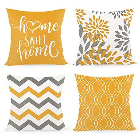 Joyshare Juego de 4 Fundas de cojín de 45 x 45 cm, con inscripción «Home Sweet Home», Funda Decorativa para sofá con Cremallera Oculta, Navidad (Naranja y Amarillo)