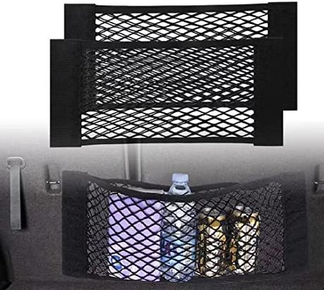 2PCS Red de Almacenamiento, Nailon, 60X25CM, Bolsa de Organizador Tronco de Coche con Redes de Bolsillos Elástica, Botellas, comestibles, Negro, para Carro de automóviles
