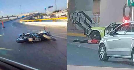 Motociclista derrapa en la cima del distribuidor Juárez y cae al vacío