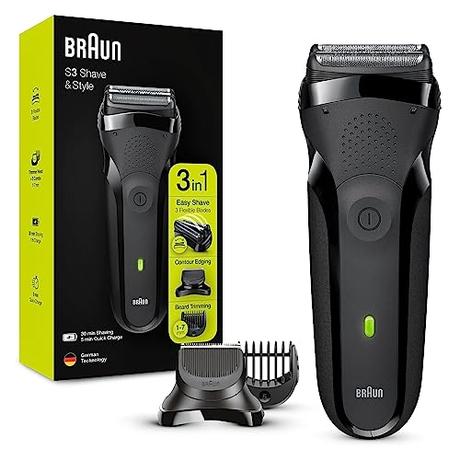 Braun Series 3 Afeitadora Eléctrica Hombre, Máquina de Afeitar Barba 3 En 1 con Recortadora De Precisión Para La Barba Y 5 Peines, Recargable E Inalámbrica, Shave&Style, 300BT, Negro