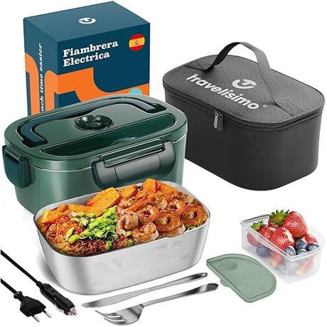 TRAVELISIMO Fiambrera Electrica 3 en 1 80W para Coche Camión y Trabajo 220V+12V, Calienta Comida en Minutos, Fiambrera Termica Termo Comida Caliente Acero Inoxidable 1.5L, Tartera Eléctrica Portatil