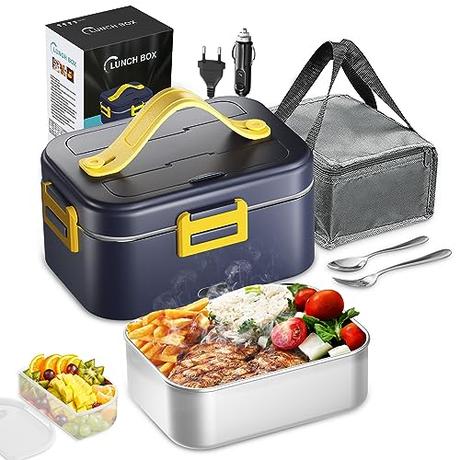 E-MANIS 75W Fiambrera Electrica,1.8 L Calentador Comida 12V/24V/220V,3 en 1 Lancheira Portatil Rápida Aquecedor con cubiertos y Bolsa de Aislamiento para Coche,Camión,Oficina (Azul)