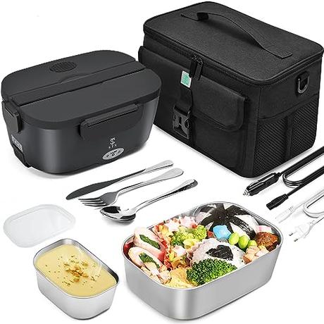 STN Fiambrera Electrica,75W Fiambrera Eléctrica Set con Recipiente Extraíble 304 (1,5 L+ 0,45 L),Bolsas Isotérmicas,Juego de Cubiertos Grande (10L Bolsa)