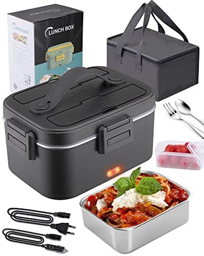 Kimfead Fiambrera Eléctrica 75W Acero Inoxidable 1,8 L Taper Electrico para Comida 12V/24V/220V, Calentador de Comida para Coche/Camión/Oficina, bolsa comida Trabajo (Negro)