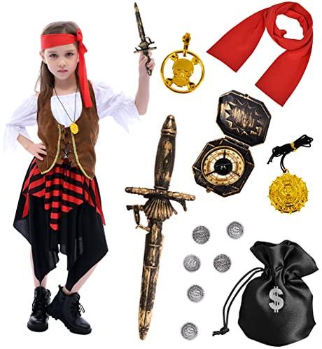 Tacobear Disfraz Pirata Niño Niña con Pirata Accesorios Pirata Bufanda Brújula Cartera Arete Pirata Disfraces Carnaval Halloween para Niñas Infantil (3-4 años)