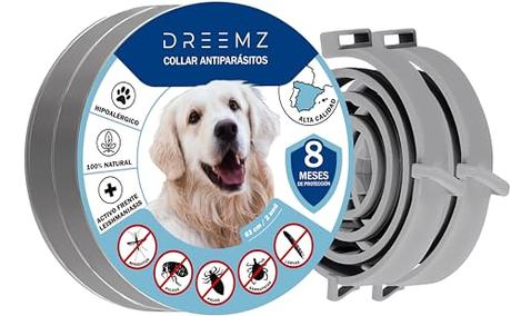 DREEMZ ® Collar Antiparasitario Perros-Collar Antipulgas-Collar contra pulgas, garrapatas y Mosquitos, 8 Meses protección-63cm Ajustable Todos tamaños-100% Natural-Impermeable-Repelente-2 unid Gris