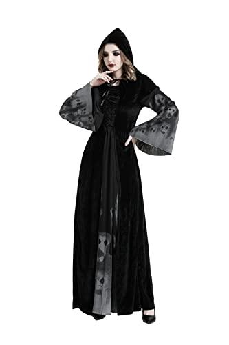 Buen Don Disfraz De Bruja De Halloween, Fantasma de Halloween Mujer Disfraz de Vampiresa Sacerdotisa Mujer Largo Terciopelo Vestido Capuchacon Vestido (L, Negro)