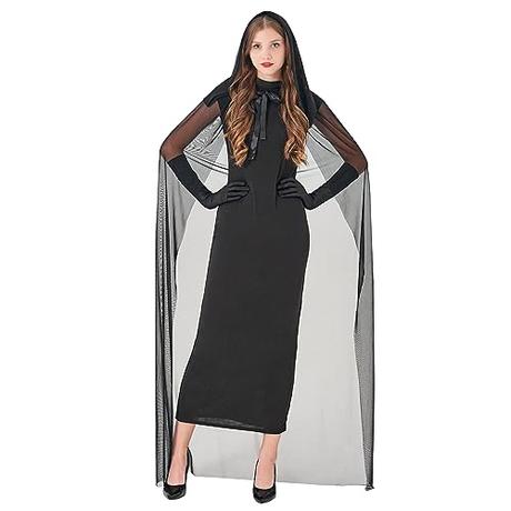 DAOUZL Disfraz de Halloween,Largo Capa con Capucha,Disfraz de Halloween para Mujer,Disfraces Vampiro,Disfraz de Bruja,Disfraz de Novia Fantasma Negra para Halloween Fiesta,Carnival Costume,Cosplay,L