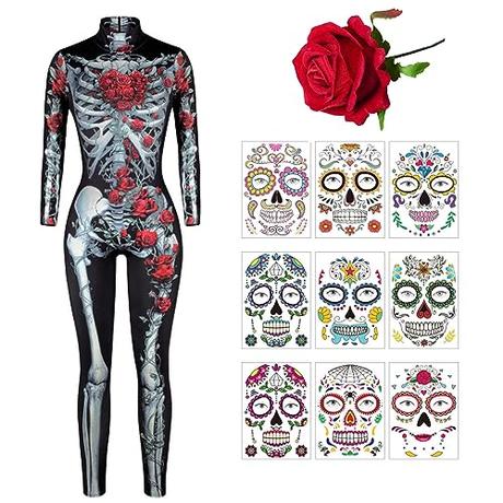 Ansamy Disfraz Esqueleto Mujer, Traje Esqueleto Halloween para Mujer, Mono Esqueleto Halloween Carnaval para Adultos Mujer (XL, Style-1)