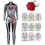 Ansamy Disfraz Esqueleto Mujer, Traje Esqueleto Halloween para Mujer, Mono Esqueleto Halloween Carnaval para Adultos Mujer (XL, Style-1)
