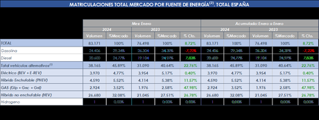 Las matriculaciones de turismos electrificados crecen un 8,4% en enero, hasta 8.050 unidades
