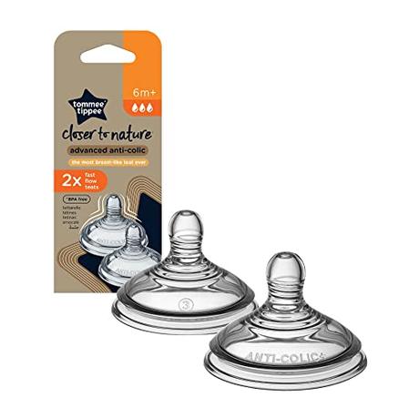 Tommee Tippee Tetinas Anticólico con Forma de Pecho, Silicona Suave, Flujo Rápido, 6m+, Pack de 2 (color y diseño varían)