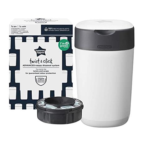 Contenedor para pañales Twist & Click de Tommee Tippee, sistema más ecológico, incluye un recambio con lámina antibacteriana GREENFILM de fuentes sostenibles, Blanco