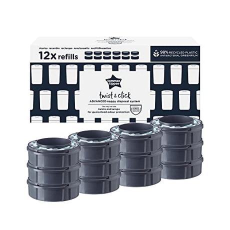 Tommee Tippee Recambios para Contenedor Pañales Avanzado Twist and Click, Película Greenfilm Antibacteriana y Sostenible, Pack de 12